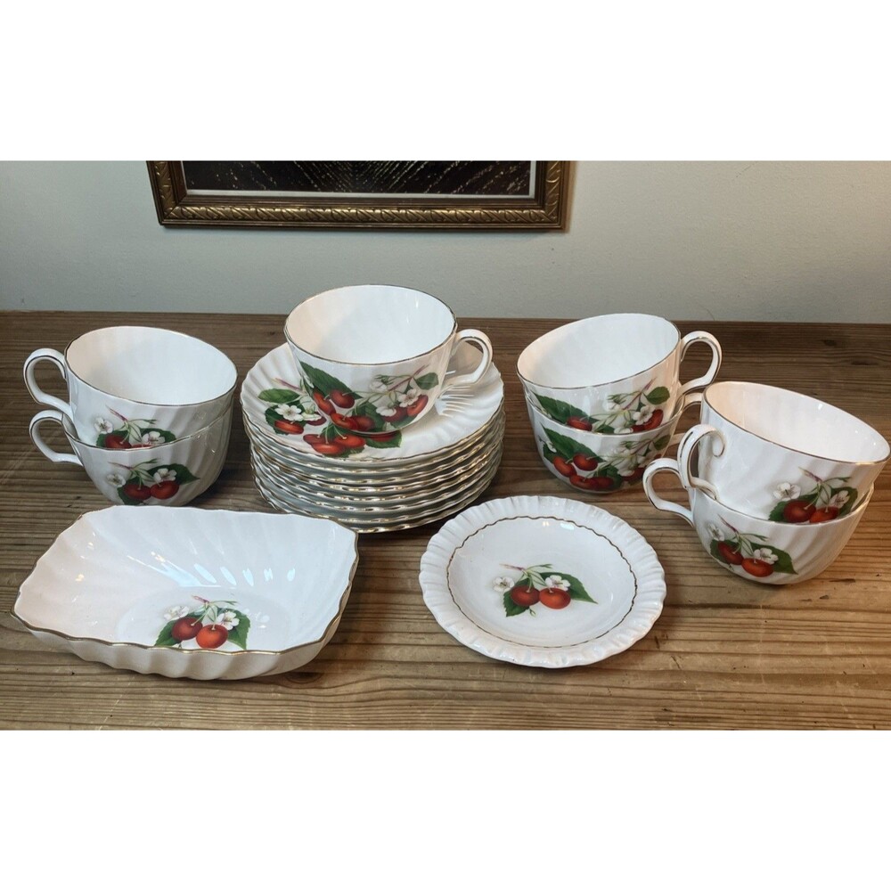 VTG ADDERLEY 7 FLAT TEA CUP /8 SAUCER  + FINE BONE CHINA ENGLAND CHERRY RIPE LOT